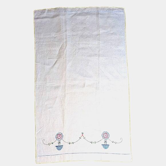 Vtg 1940s Irish Linen Guest Hand Towel Embroidered French Knot Floral Topiary - Picture 2 of 8